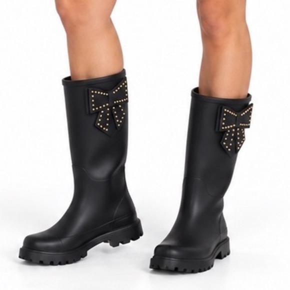 Betsey Johnson Shoes - Betsey Johnson Stormm Black Studded Bow Waterproof Rain Boots Women's Size 9M